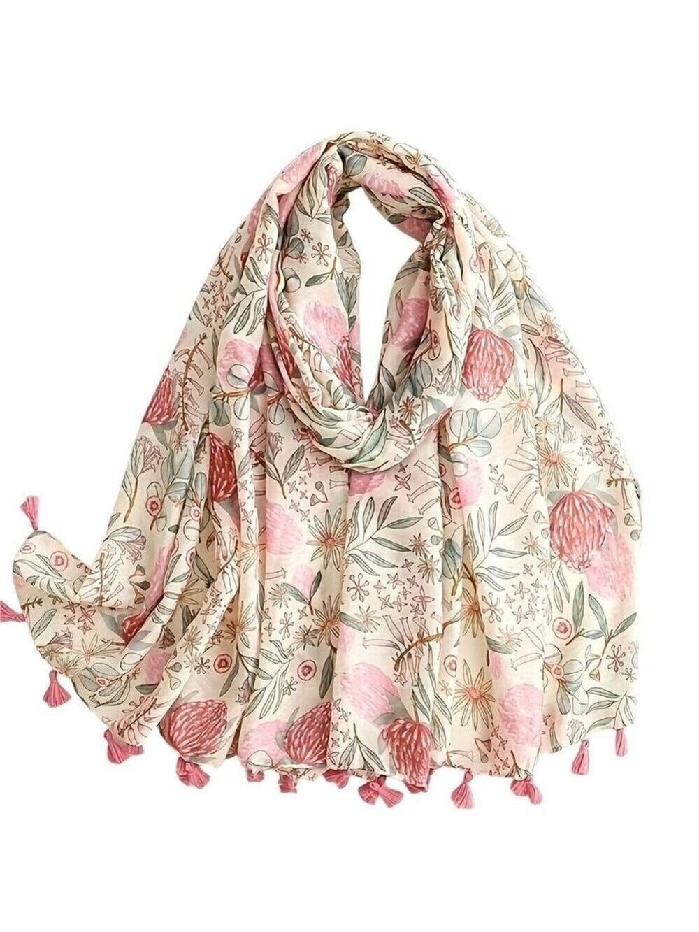 Floral Pink White Scarf Shawl Wrap Large 34 x 70